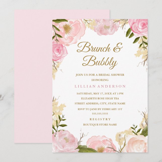 Elegantes rosa Rose Brunch und Bubbly Brautparty Einladung (Vorne/Hinten)