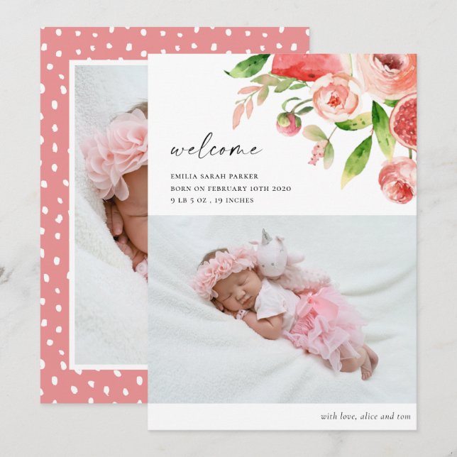 Elegantes Rosa Rose Floral Foto Baby Birth Ankündigung (Vorne/Hinten)