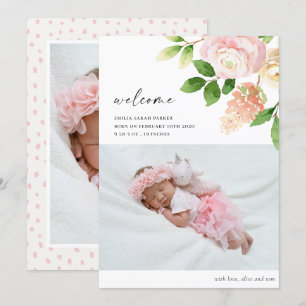 Elegantes Rosa Rose Foto Baby Birth Ankündigung