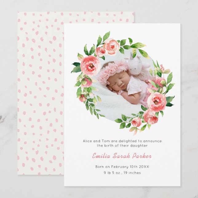 Elegantes Rosa Rose Foto Baby Birth Ankündigung (Vorne/Hinten)