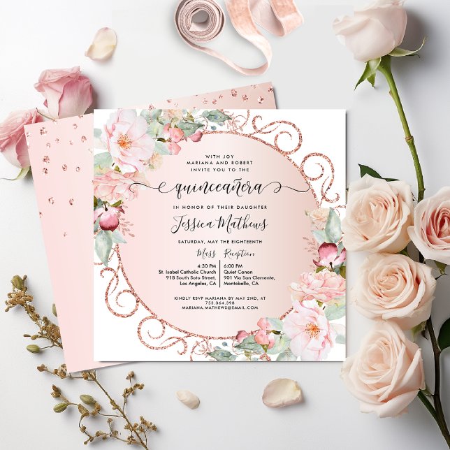 Elegantes Rosa, Rose Gold, Blütenblättrige Quincea Einladung (Von Creator hochgeladen)