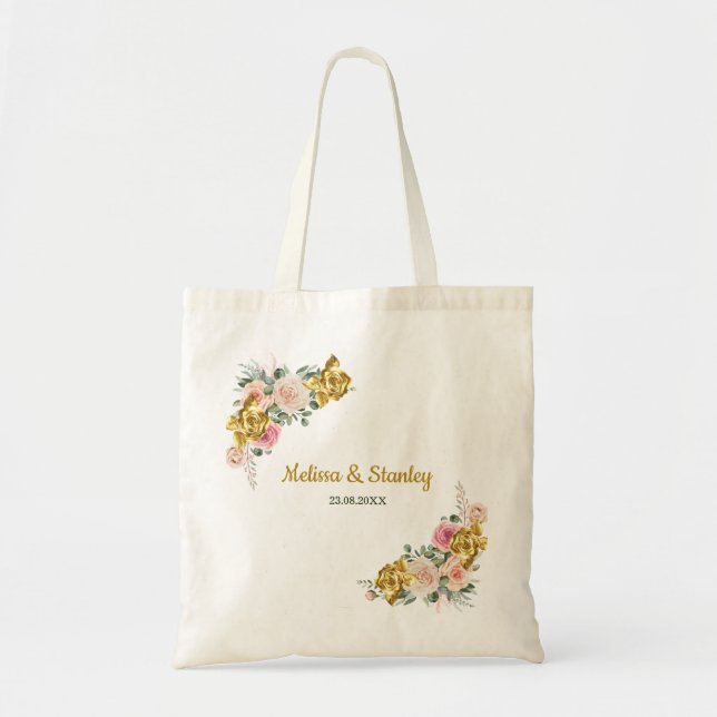 Elegantes Rosa, Rose Gold Eukalyptus Floral Weddin Tragetasche (Vorne)