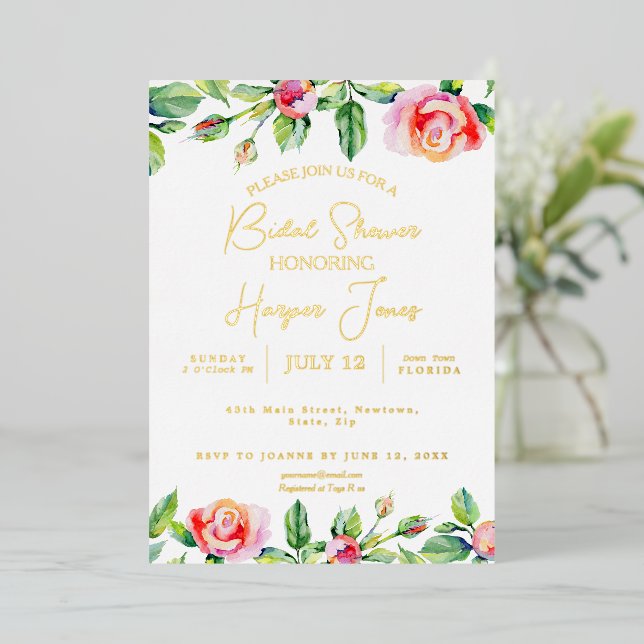 Elegantes rosa Rose & Gold Foil Brautparty Folieneinladung (Stehend vorne)