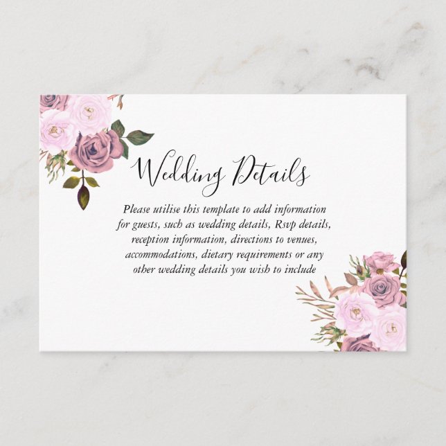 Elegantes Rosa & Rose Gold Hochzeitsempfang Detail Begleitkarte (Vorderseite)
