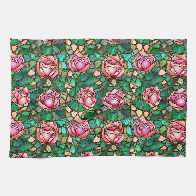 Elegantes rosa Rose Imitat gestanztes Glasmuster Geschirrtuch (Horizontal)