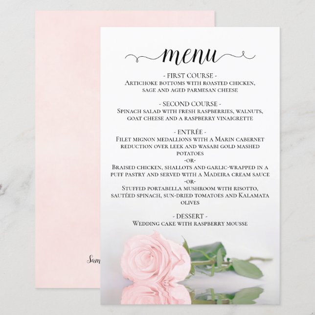 Elegantes, rosa Rose Menü für Hochzeiten (Vorne/Hinten)
