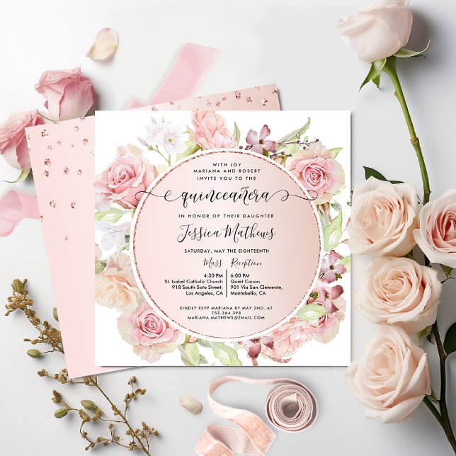 Elegantes Rosa, Rose, Rose Gold Blumenkohl Quincea Einladung (Von Creator hochgeladen)