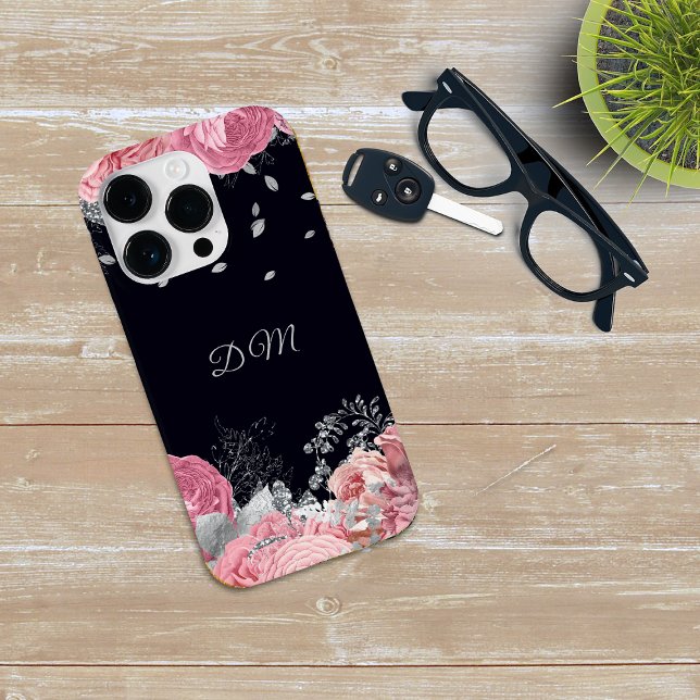 Elegantes rosa Rose Silver Leaf Monogramm Case-Mate iPhone 14 Pro Hülle (Von Creator hochgeladen)