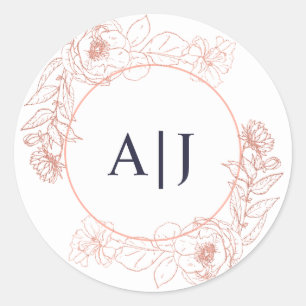 Elegantes rosa Rosen-Goldblumenhochzeits-Monogramm Runder Aufkleber