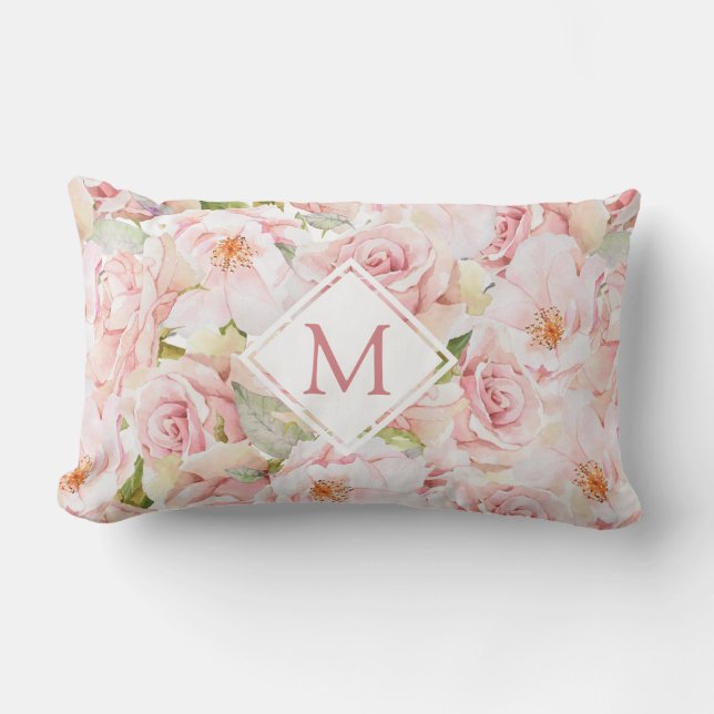 Elegantes Rosa Rosenbläschen Monogramm Lendenkissen (Vorderseite)