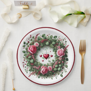 Elegantes rosa Rosenblatt Rotes Herz Papierplatte Pappteller