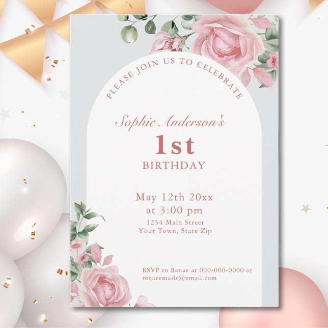 Elegantes Rosa Roses 1. Geburtstag Party Einladung (Von Creator hochgeladen)