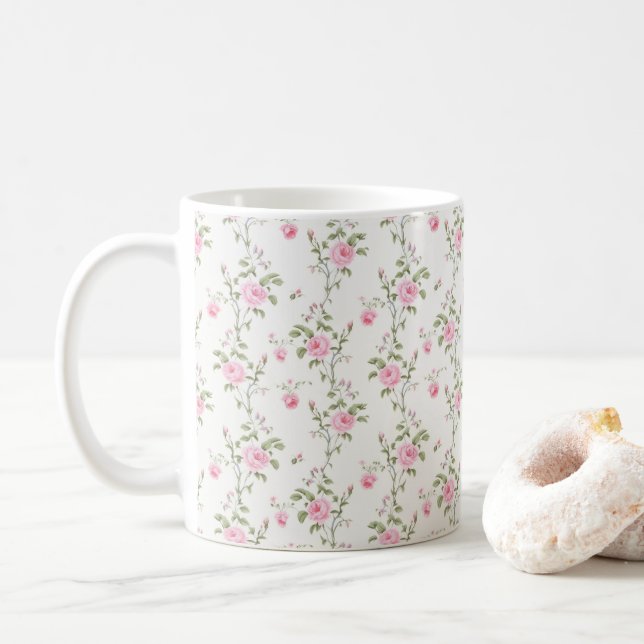 Elegantes rosa Roses-Blume-Muster Kaffeetasse (Mit Donut)