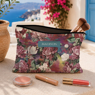 Elegantes rosa-rotes Blumenmuster-Monogramm Zubehörtasche