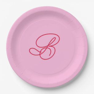Elegantes rosa & rotes Monogramm Schrift Name Pappteller