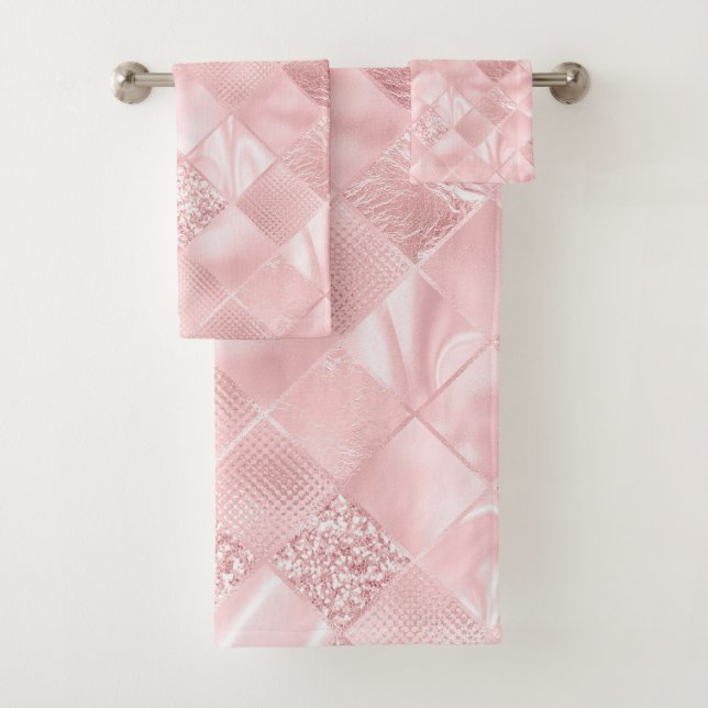 Elegantes, rosa Satin Glitzer Muster Design Glam Badhandtuch Set (Insitu)