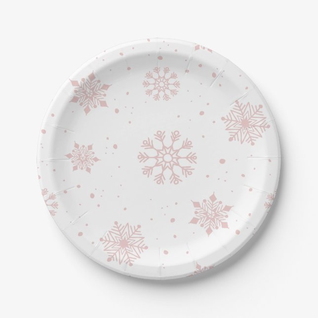 Elegantes Rosa Schneeflocken Winterwonderland Pappteller (Vorderseite)
