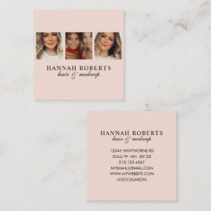 Elegantes Rosa-Schrift-3-Foto-Haar-Make-up Quadratische Visitenkarte