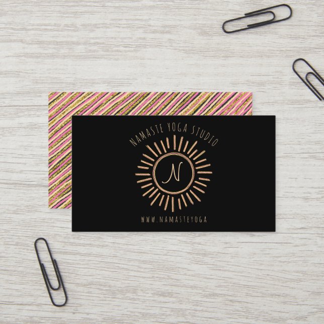 Elegantes rosa Schwarz Gelb Gold Sun Monogram Visitenkarte (Vorderseite/Rückseite Beispiel)