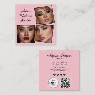 Elegantes Rosa Schwarz Schrift 3 Foto Make-up Squ Quadratische Visitenkarte