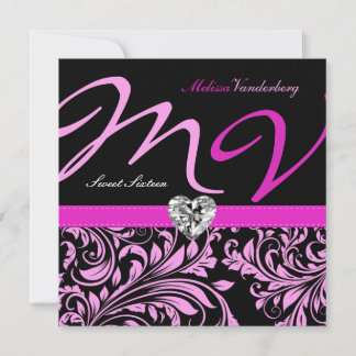 Elegantes rosa/schwarzes Damast-Monogramm 16. Einladung