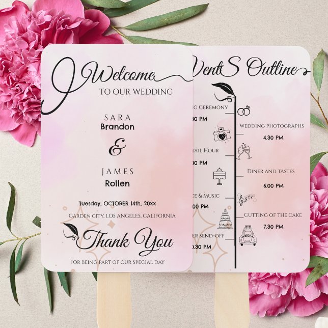 Elegantes rosa Script Wedding Program und Timeline Fächer (Von Creator hochgeladen)