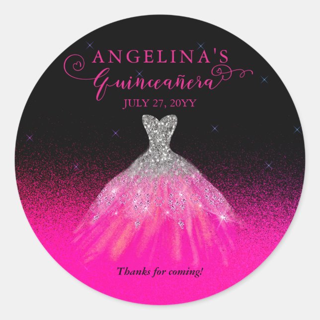 Elegantes Rosa | Silver Spanish Gown Quinceañera Runder Aufkleber (Vorderseite)