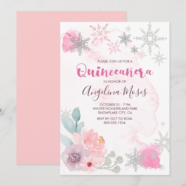 Elegantes Rosa Silver Winter Wonderland Quinceaner Einladung (Vorne/Hinten)
