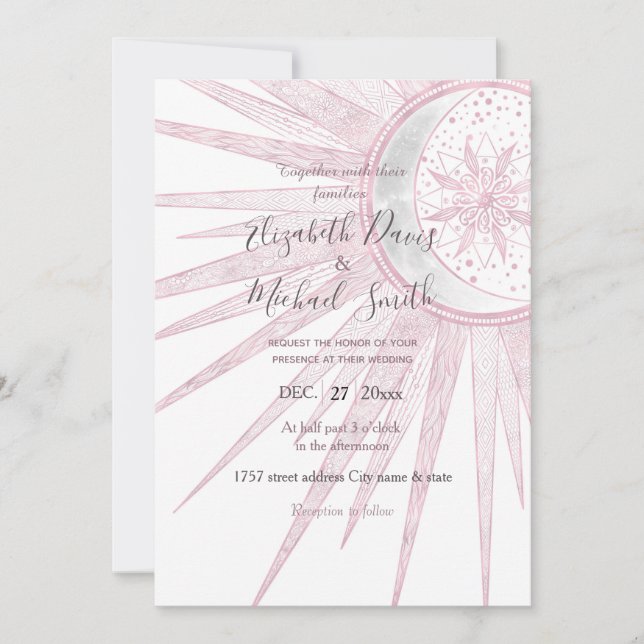 Elegantes rosa Sun Moon Doodle Mandala Weißes Desi Einladung (Vorderseite)