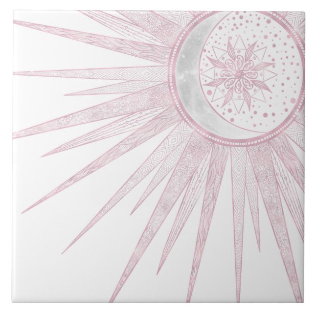 Elegantes rosa Sun Moon Doodle Mandala Weißes Desi Fliese (Vorderseite)