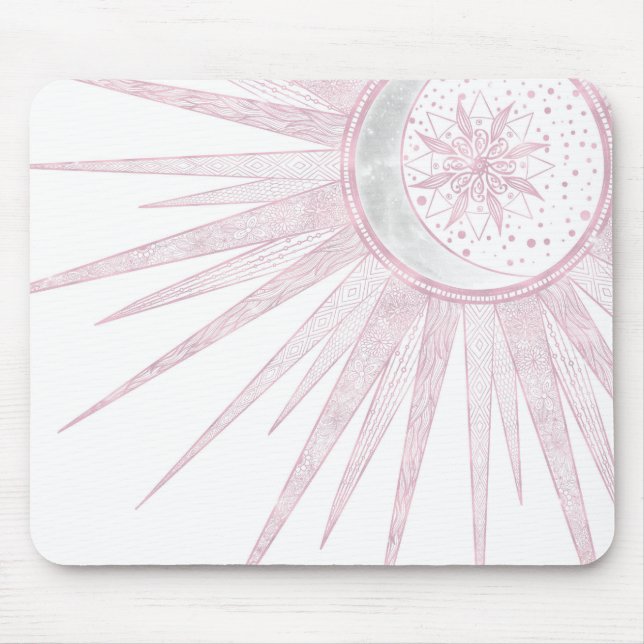 Elegantes rosa Sun Moon Doodle Mandala Weißes Desi Mousepad (Vorne)