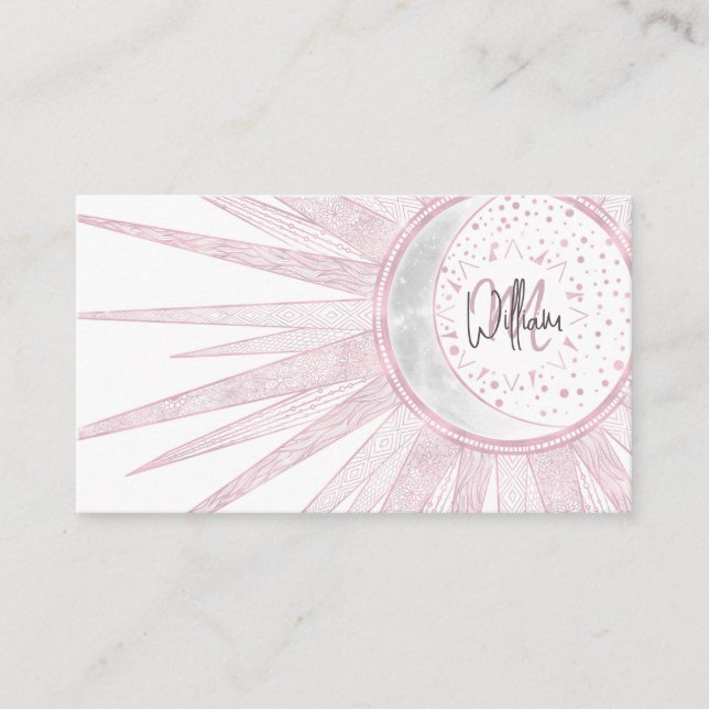 Elegantes rosa Sun Moon Doodle Mandala Weißes Desi Visitenkarte (Vorderseite)