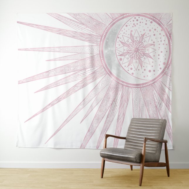 Elegantes rosa Sun Moon Doodle Mandala Weißes Desi Wandteppich (Beispiel (Horizontal))