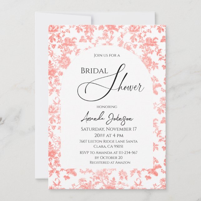 Elegantes Rosa Toile Brautparty Brunch Einladung (Vorderseite)