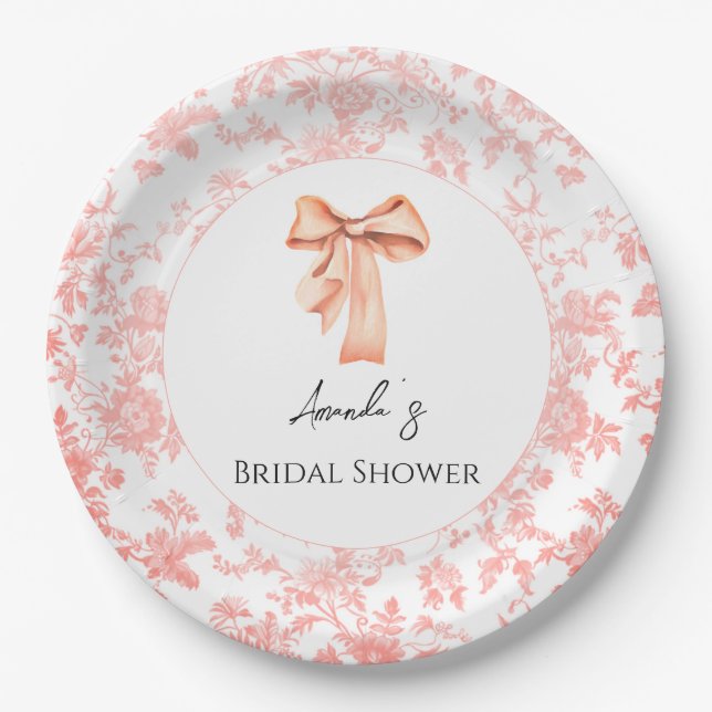 Elegantes Rosa Toile Brautparty Brunch Pappteller (Vorderseite)