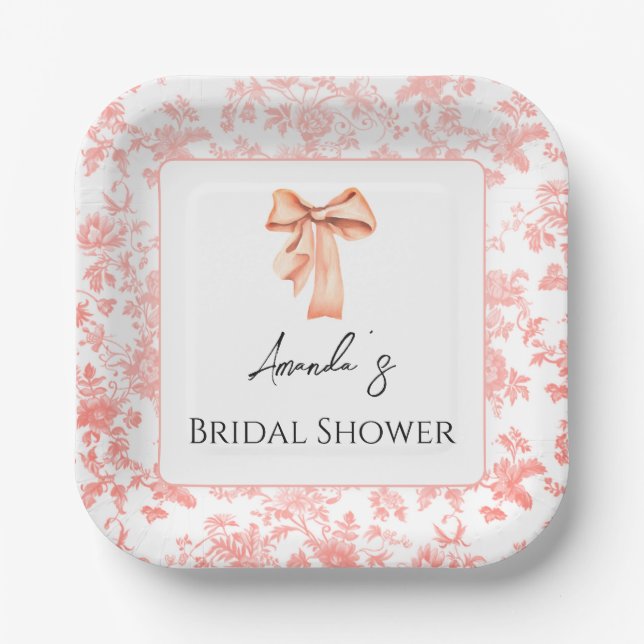 Elegantes Rosa Toile Brautparty Brunch Pappteller (Vorderseite)