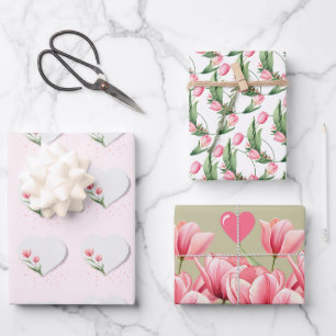 Elegantes rosa Tulpen & Herzen Blumengeschenkpapie Geschenkpapier Set