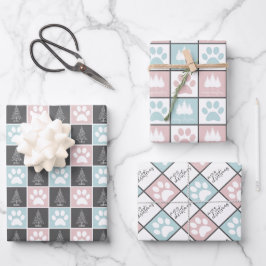 Elegantes, rosa und blaue Pfoten bedrucktes Weihna Geschenkpapier Set