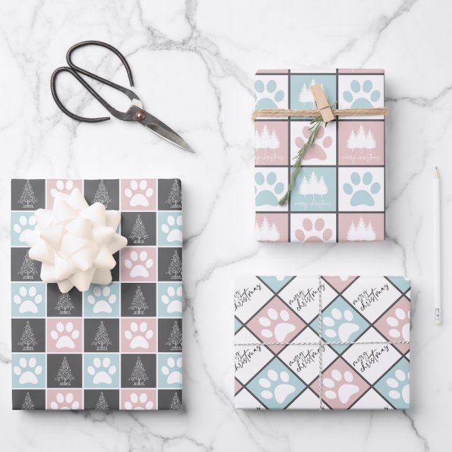 Elegantes, rosa und blaue Pfoten bedrucktes Weihna Geschenkpapier Set (Vorderseite)