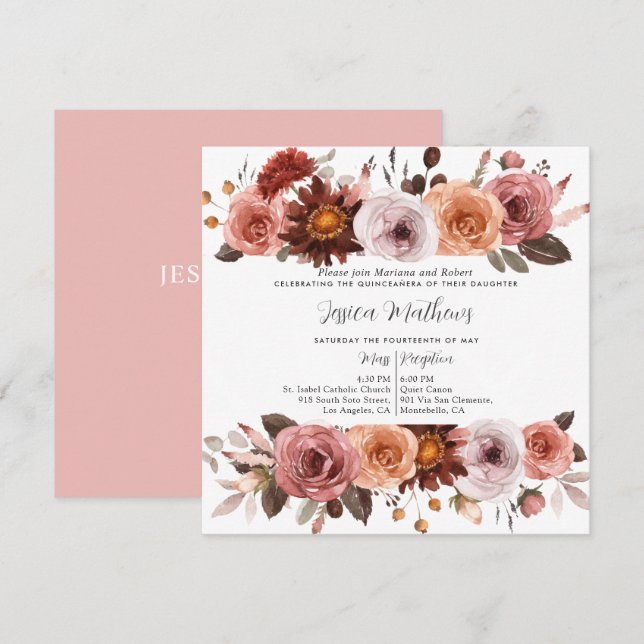 Elegantes Rosa und Burgund, Flora Quinceñera Einladung (Vorne/Hinten)
