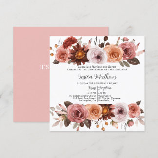 Elegantes Rosa und Burgund, Flora Quinceñera Einladung