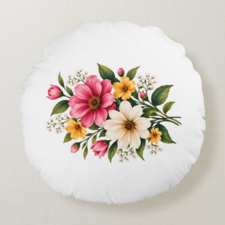 Elegantes rosa und gelbes Blumenbouquet Botanisch  Rundes Kissen