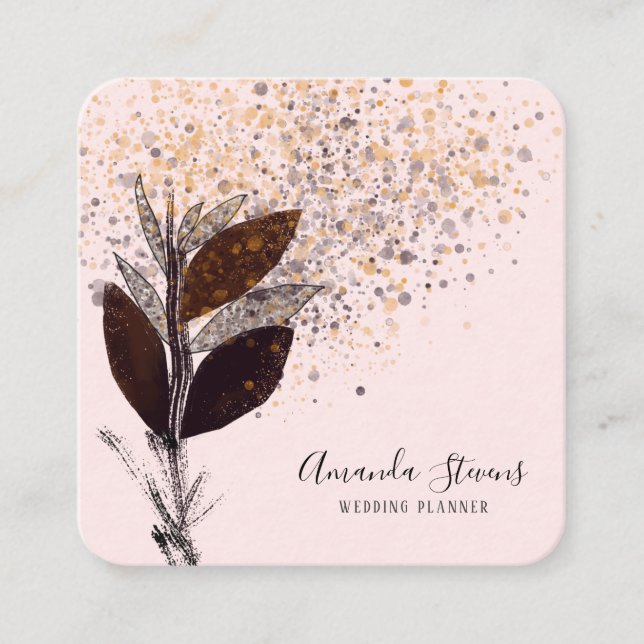 Elegantes Rosa und Gold Blätter und Spatter Quadratische Visitenkarte (Vorderseite)