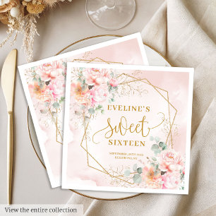 Elegantes Rosa- und Gold-Blumenmotiv Sweet Sixteen Serviette