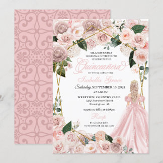 Elegantes Rosa und Gold Floral Quinceanera Inv Einladung