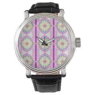 Elegantes Rosa und Gold geometrisches Blumenmuster Armbanduhr