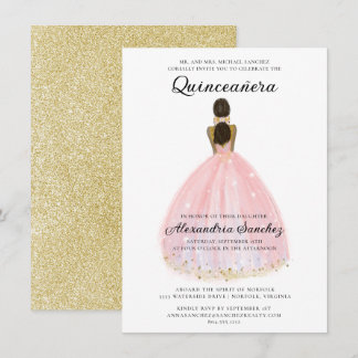 Elegantes Rosa und Gold Glitzer Quinceanera Einladung
