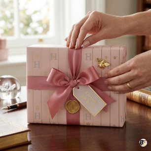 Elegantes Rosa- und Gold-Pinstripe-Monogramm H Geschenkpapier