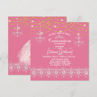 Elegantes Rosa und Gold Quinceñera Einladung