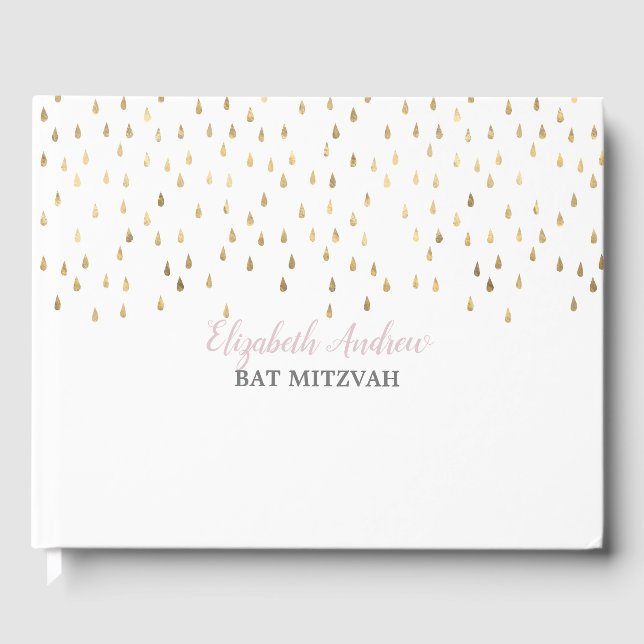 Elegantes Rosa und Gold Raindrops Bat Mitzvah Gästebuch (Vorderseite)